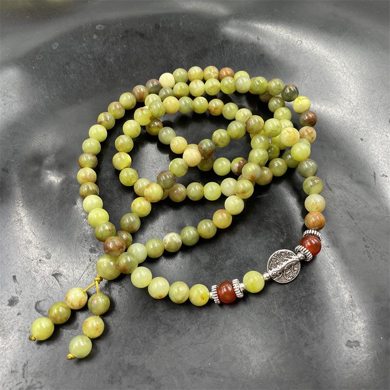 Xiuyan Jade Bead Bracelet: 108 Natural Saffron Jade Beads Buddhist Prayer Sweater Chain