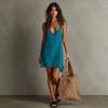 Women Sleeveless V Neck Fringed Hem Mini Dress Solid Color Casual Loose Fit Summer Dress
