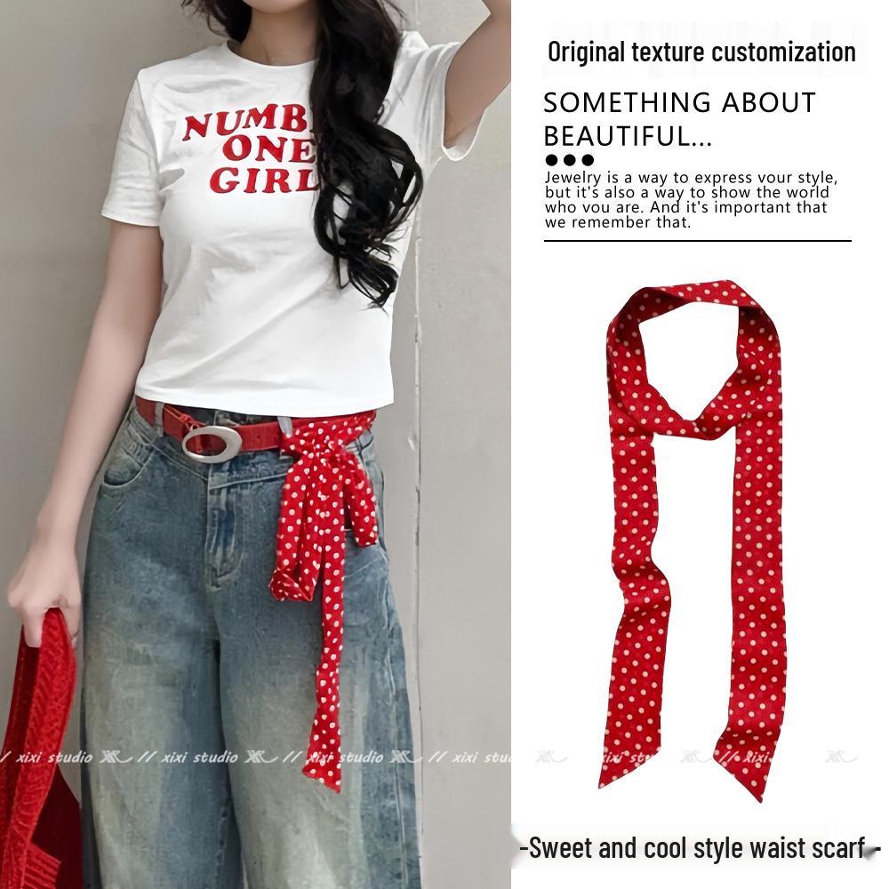 Silk Polka Dot Tie Waist Scarf: Long, Narrow Belt & Ribbon for Trousers, Waist Cincher, or Accessory
