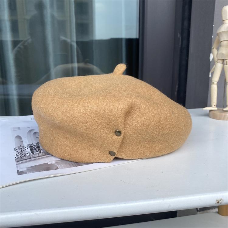 Autumn and Winter Woolen Hat Female Literary Copper Buckle Painter Hat Thickened Bud Hat