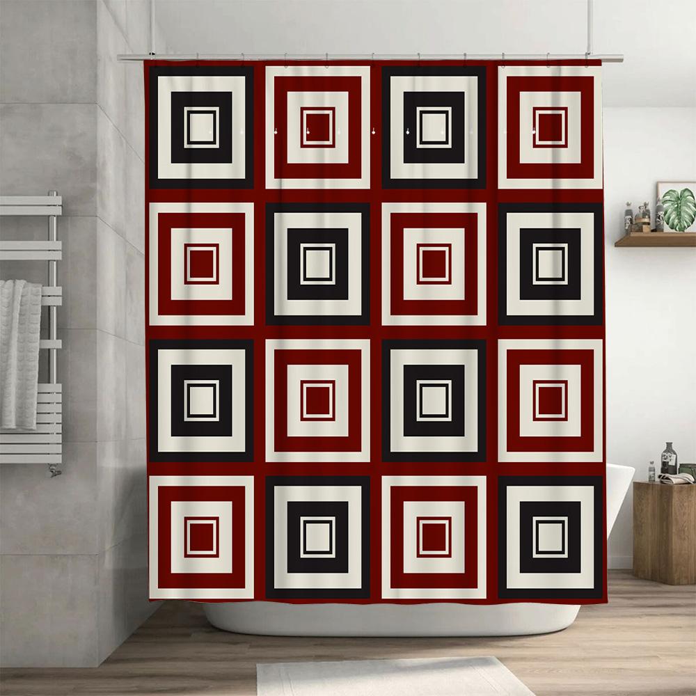 Modern Bath Shower Curtain Decorative Printed Plaid Striped Waterproof Polyester Bathrooms Decor Set with Hooks Red Black (180 X
