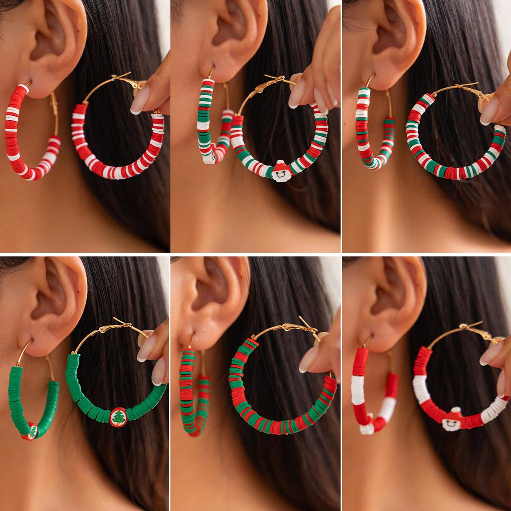 Creative Christmas Contrast Earrings, Personalized Holiday Gifts Santa Soft Pottery Round Ring Earrings