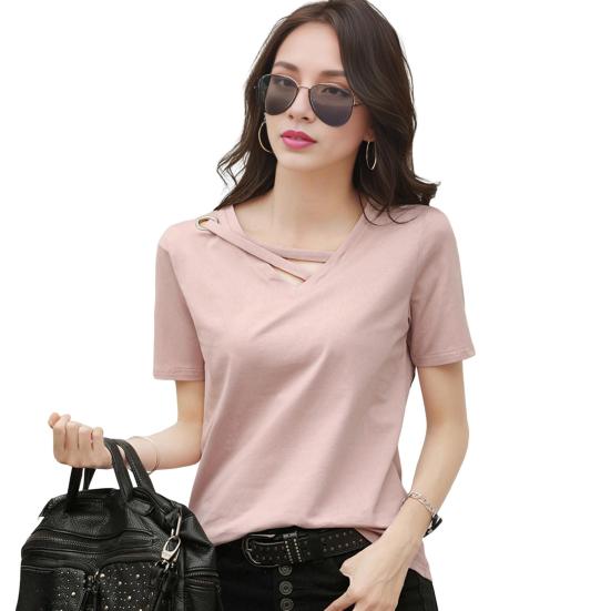 Women T-shirt V-Neck Lace-Up Collar Short Sleeve T-Shirt Solid Color Loose Fit Casual Tee