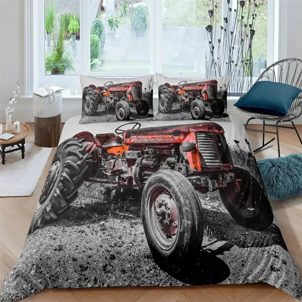 Retro Tractor King Queen Duvet Cover Car Bedding Set Engineering Vehicle Quilt Cover Farm Tool Cart 2-3Pcs Polyester Quilt Cover