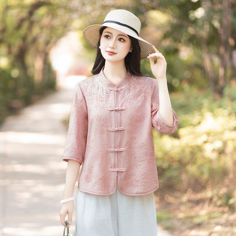 Chic Camicia Retro a Sette Maniche Stile Cinese