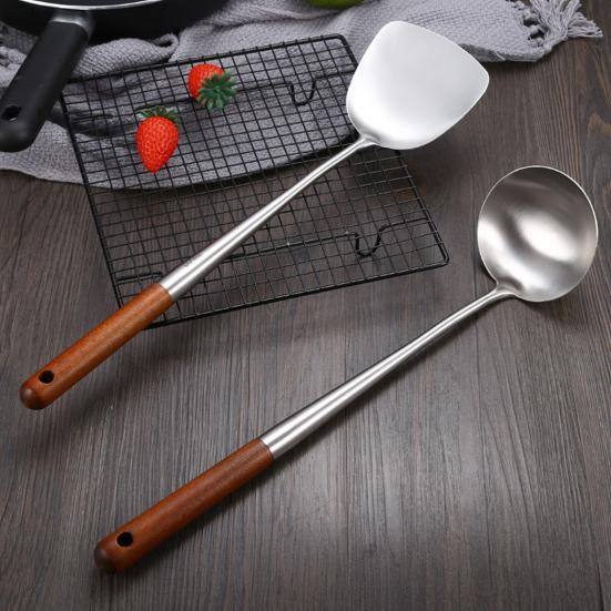 Stainless Steel Ladle Strainer Scoop with Wooden Handle Frying Skimmer Kitchen Spatula Cooking Utensil for Noodles Pasta Vegetable