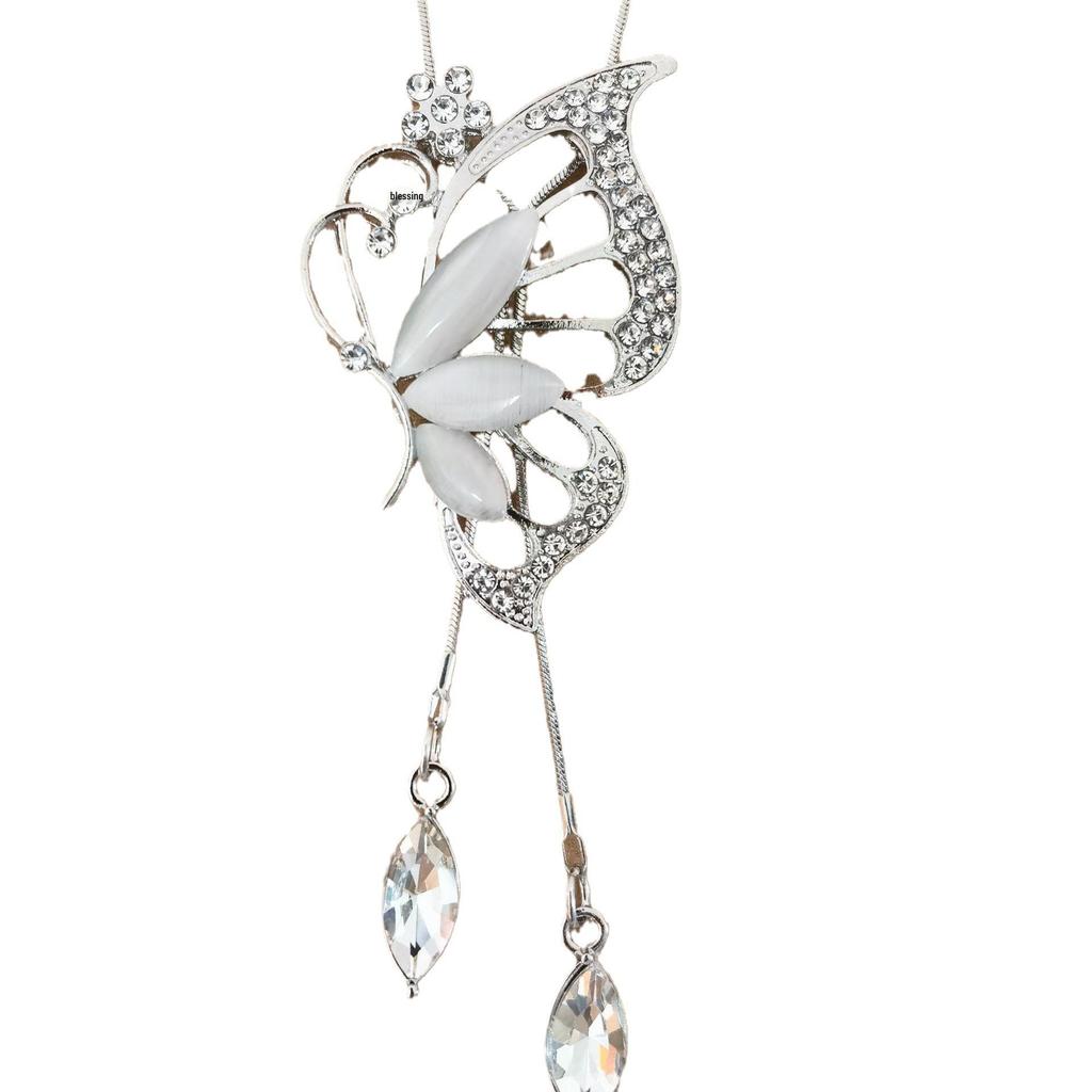 Women's High-End Light Luxury Butterfly Tassel Cross Necklace - Versatile Long Sweater Chain, European & American Autumn/Winter Accessory.