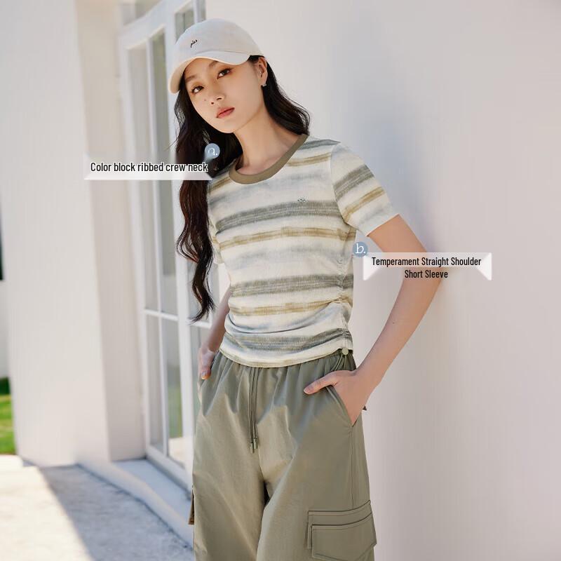 Xiangying Women s 2025 Summer Striped Contrast Short Sleeve T-Shirt M