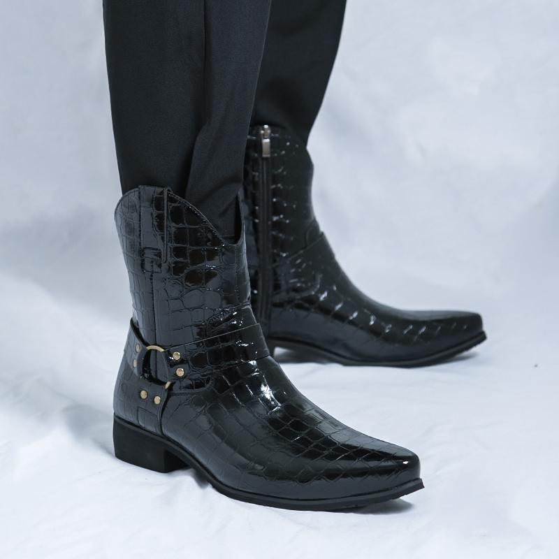 Trendy Snake Patterned Chelsea Boots for Men Genuine Leather Pointed Toe Zipper Short Boots Fashion Party Business Dress Shoes