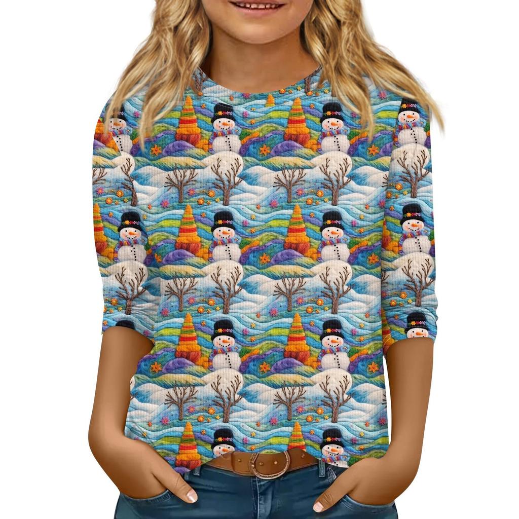 Bluzka dziecięca z rękawem 3/4, luźny t-shirt z nadrukiem i okrągłym dekoltem