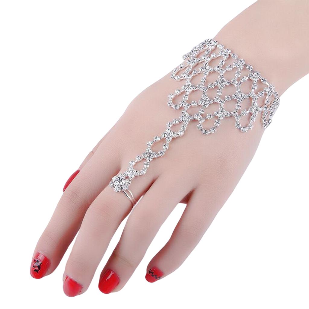 Celebrity Chain Bracelet Finger Ring Rhinestone Hand Chain Ring Link Bracelet for Girls Jewelry Accessories