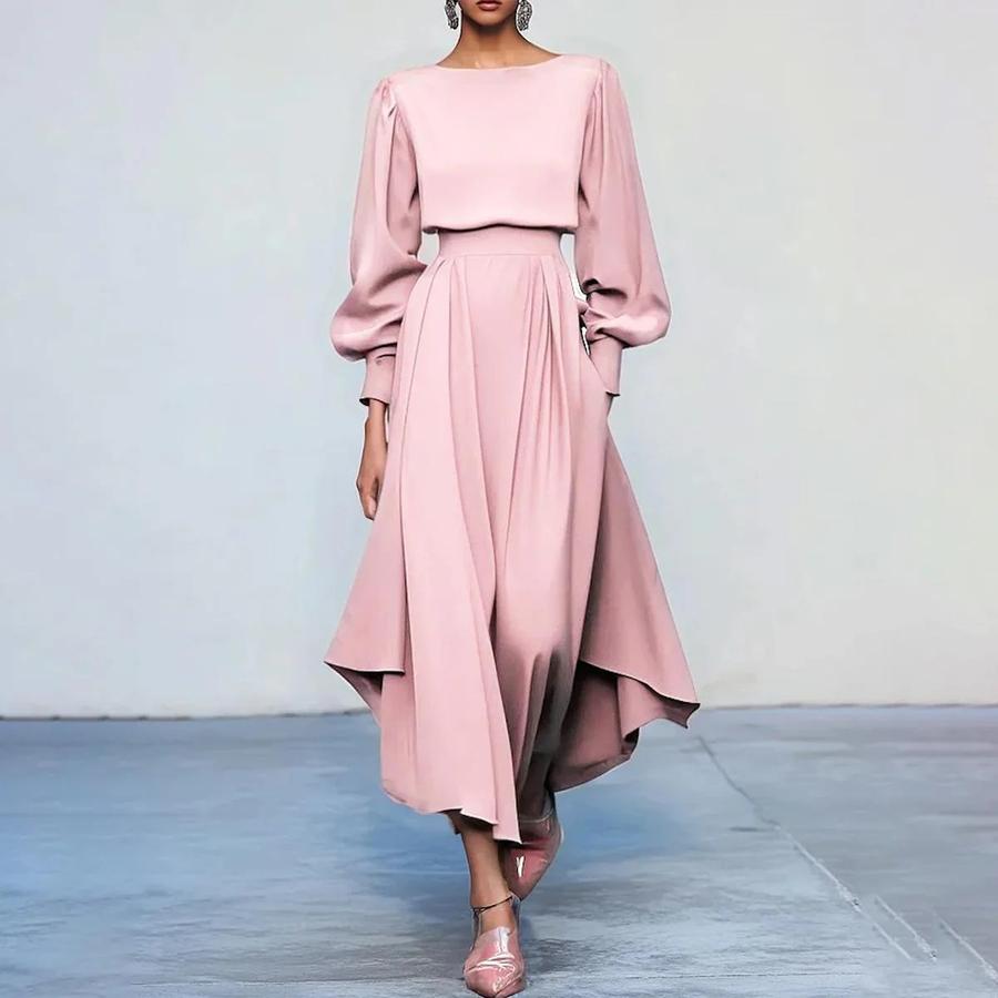 Women s Round Neck Long Sleeve Solid Color Dress Long Skirt High Waist Slim Fit S красный