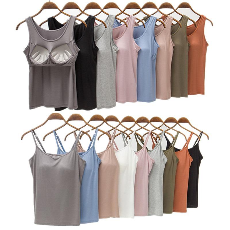 Modal Women's Wireless Strappy Tank Top with Built-in Bra Cups for Yoga