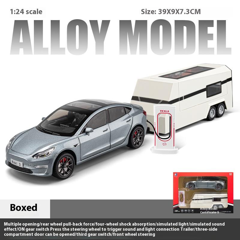 

Модель Tesla Model3 в масштабе 1/24, сплав, буксировка дома на колесах, открывающиеся двери, украшения для детских звуковых и световых игрушек, для подарков мальчикам серый