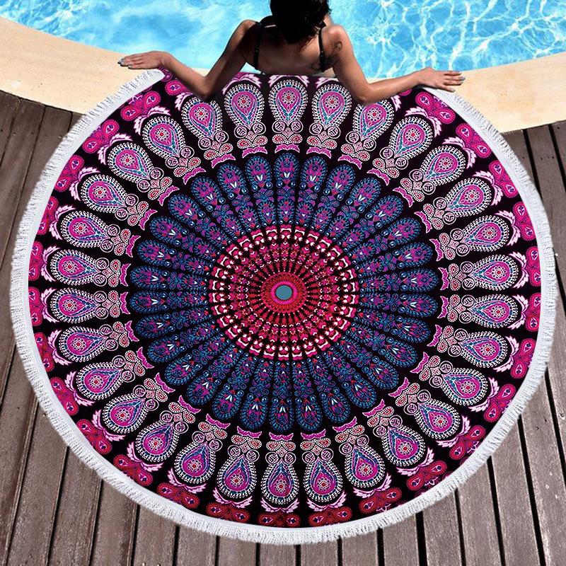 Round Beach Towel With Fringed Digital Printed Bohemian Microfiber Bath Towel Yoga Mat Custom