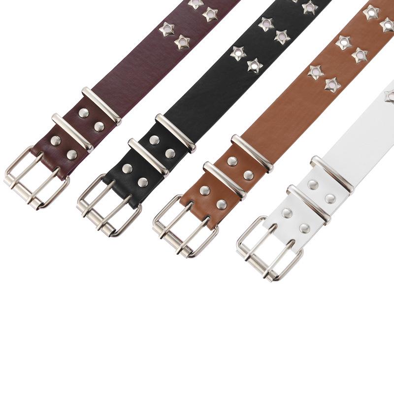 2025 Korean Style Double Row Punk Eyelet Women's Leather Belt with Star Cutout