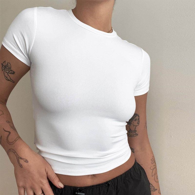 Summer Basic Round Neck Short-Sleeved T-Shirt for Women, Tight-Fitting, Sexy, European and American Style, Simple Pure Color, Versatile Top for Women