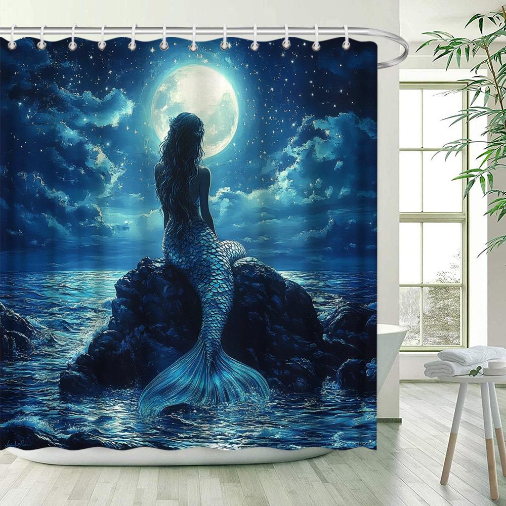 Mermaid Moonlit Ocean Shower Curtain - Fantasy Ethereal Style, Cool Blue Landscape, Water-Resistant Polyester