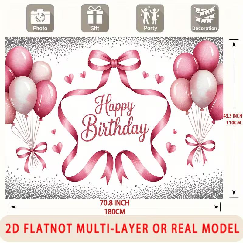 2D Pink Balloon Happy Birthday Backdrop with Hearts and Ribbons Party Banner