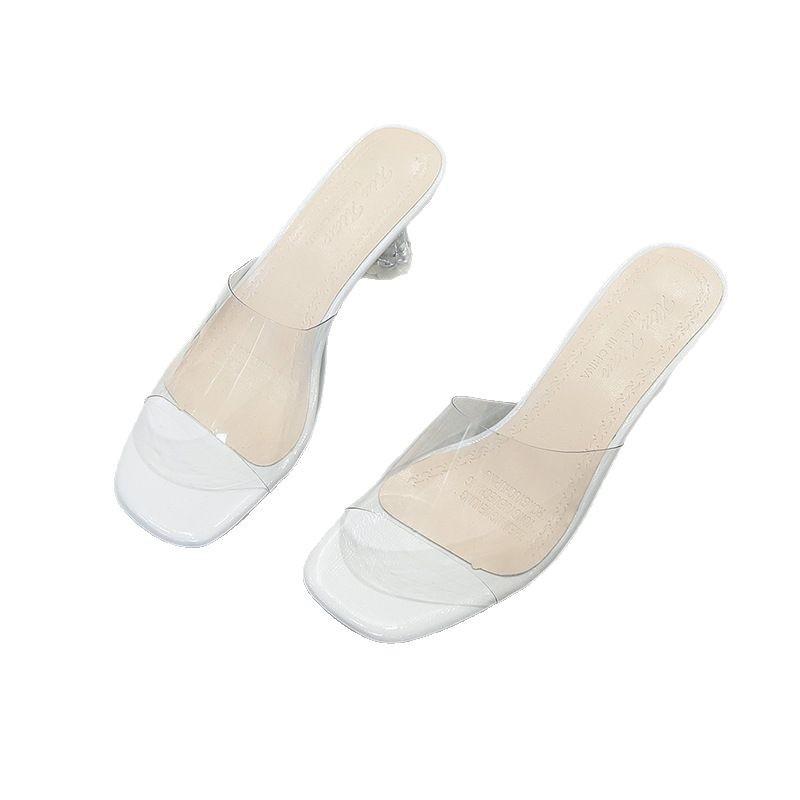 Transparent Slippers Women's High Heels 2025 New Summer Niche Design Sense One Word with Crystal Thick Heel Sandals