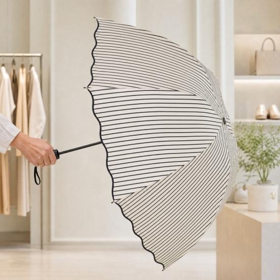 Striped Folding Umbrella with Wavy Edge, Sun Blocking UV Protection Travel Umbrella, Windproof Rainproof Portable Sun Rain Umbrella for Women