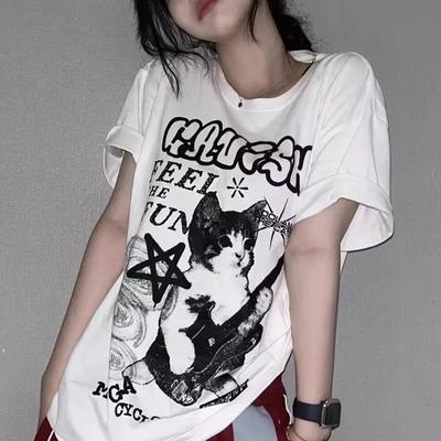 Camiseta de Manga Corta con Gráfico de Gato Rockero Americano Moda Coreana Holgada Ropa de Verano Oversize para Mujer Streetwear Y2k