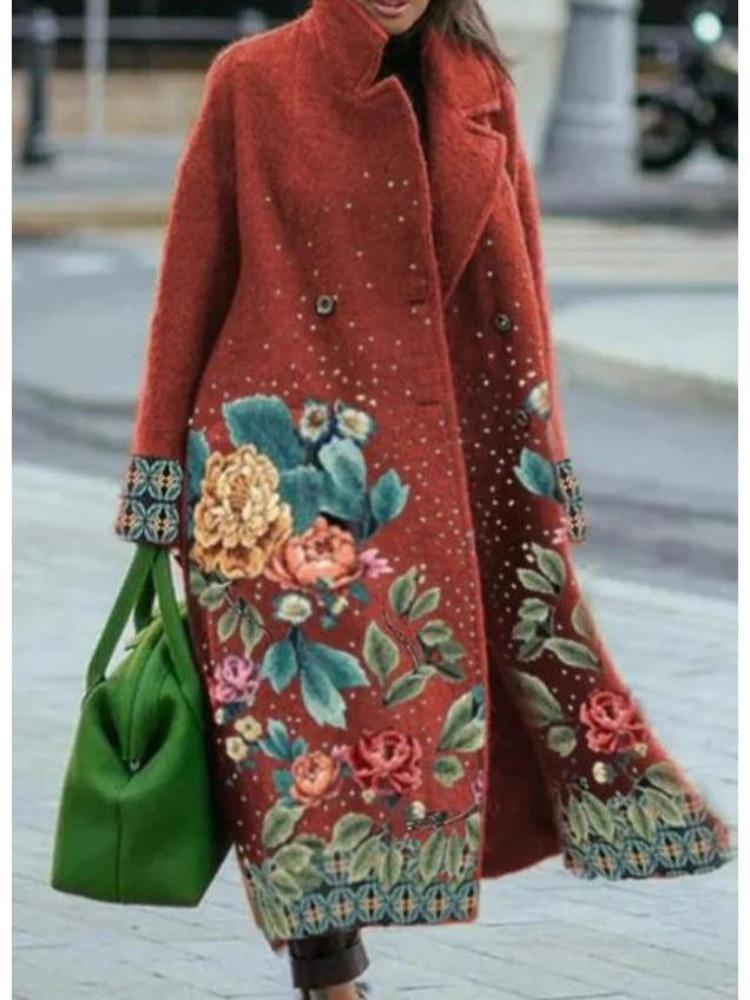 2025 European American Style Women Long Woolen Coat Autumn Winter Printed Fashion