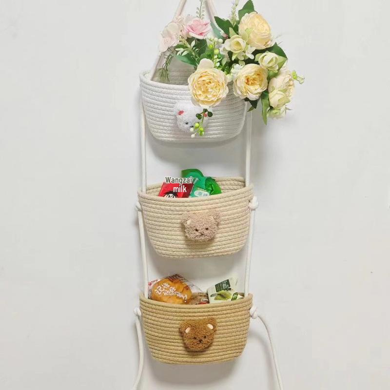 Wall-Mounted Cotton Thread Woven Storage Basket - Dormitory Room Shelf and Behind-Door Organizer