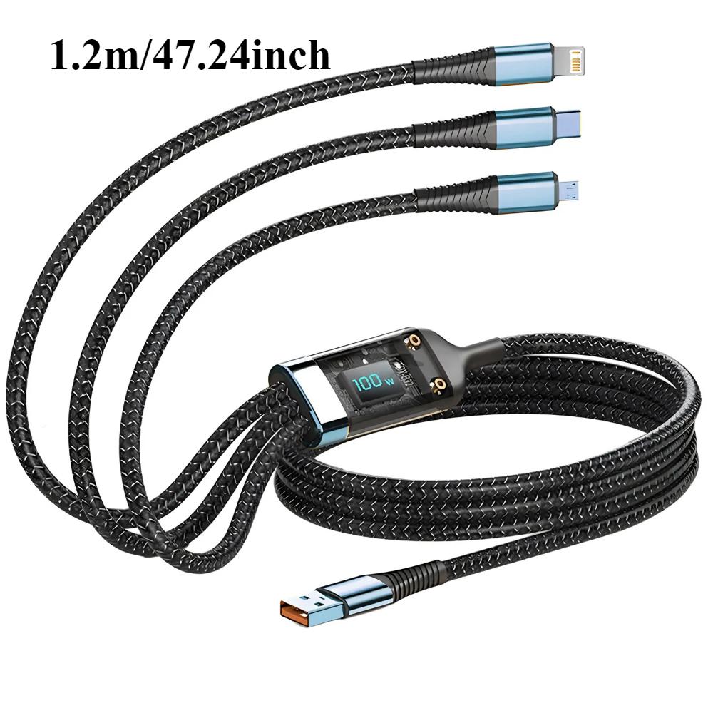 

Кабель для быстрой зарядки 100 Вт, универсальный зарядный кабель, нейлоновая оплетка, несколько USB-адаптеров, универсальный зарядный шнур 3 в 1, адаптер Type-C Micro 1.2m чёрный