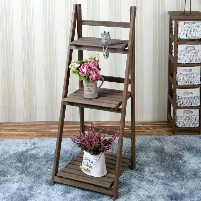 Foldable White Pine Wood Flower and Shoe Stand - Floor-Standing 4-Layer Multi-Use Rack