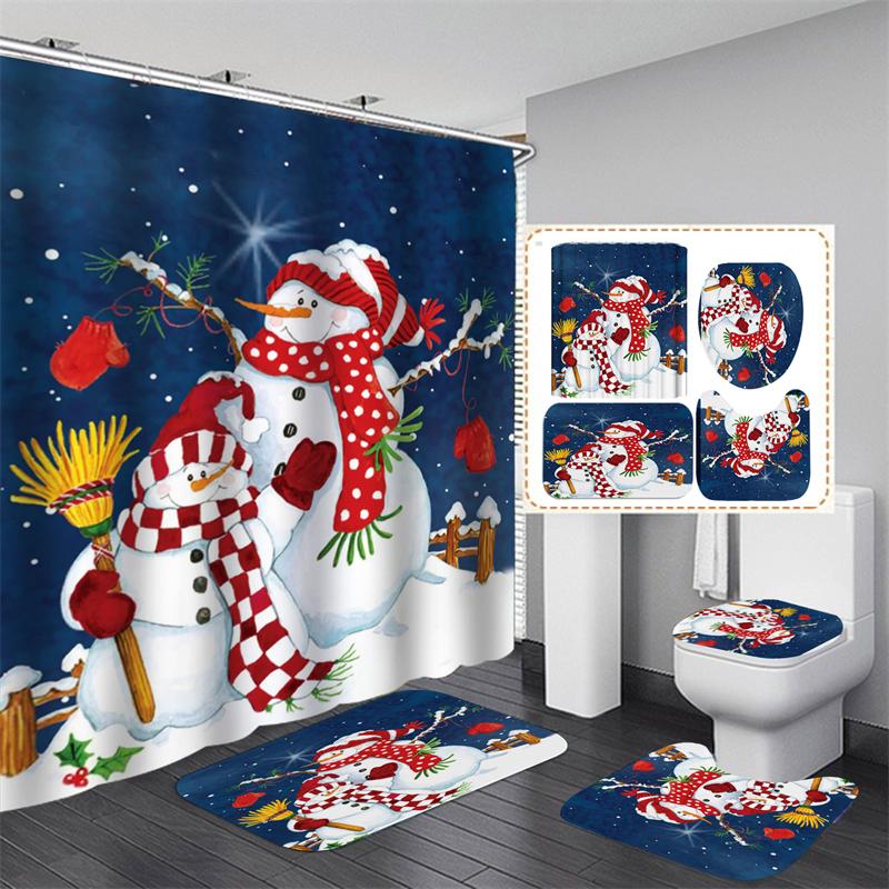 Cute Snowman Christmas Shower Curtain Set Silver Pine Branches Snowflake Xmas Balls Bathroom Decor Rug Bath Mat Toilet Lid Cover