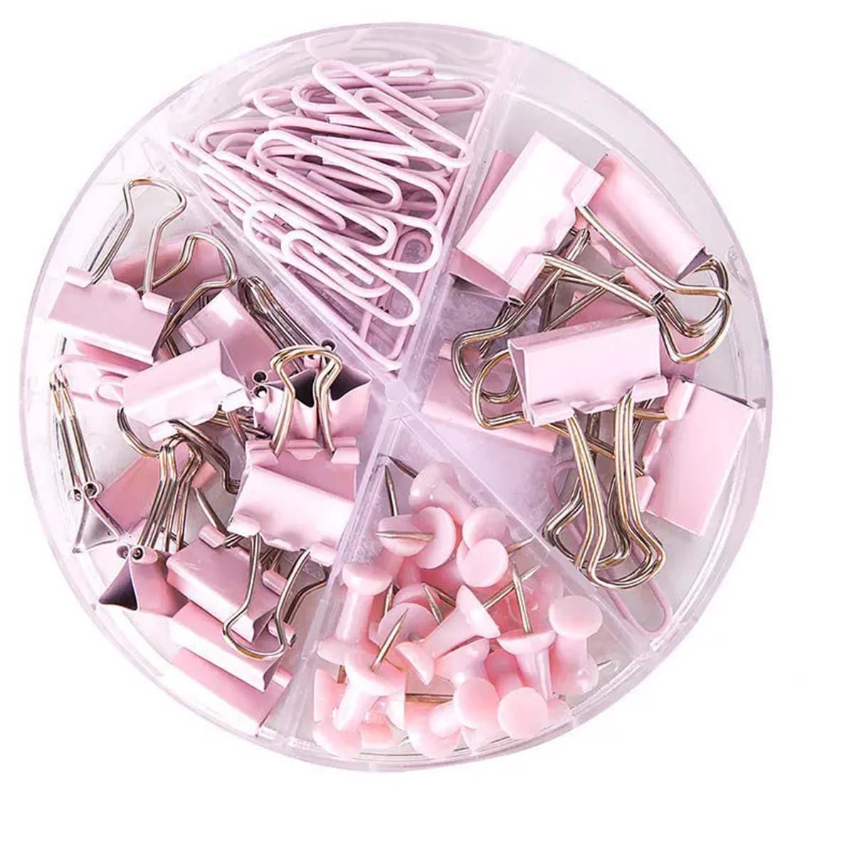 

набор скрепок и папок, металлические папки разных размеров, симпатичные канцелярские принадлежности, настольные аксессуары розовый
