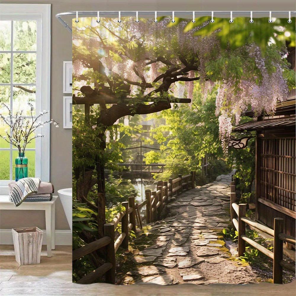 1 Stück Japanischer Garten Duschvorhang - Extra Langer Badezimmer-Fenstervorhang Mit Glyzinienblüten, Kieselsteinweg, Sonnenbeschienenes Grün