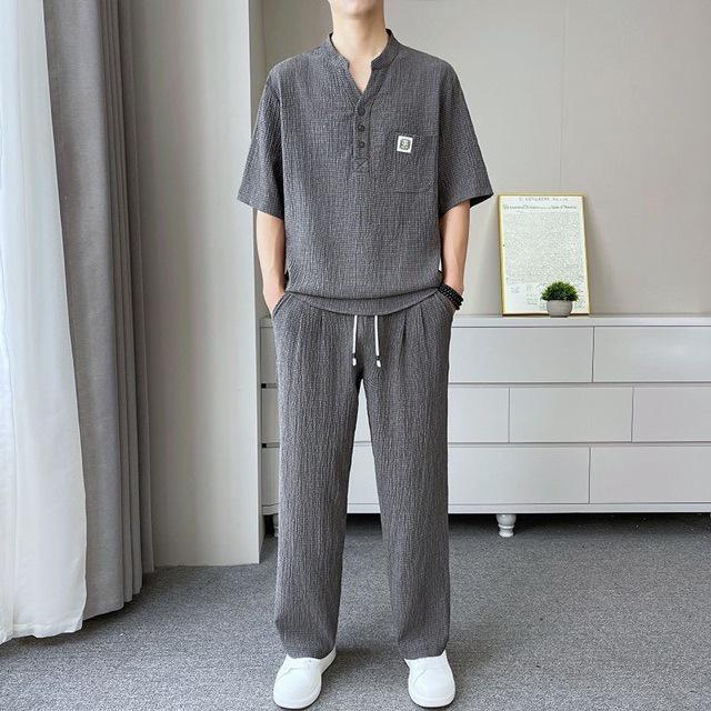 Men's Summer 2026 Ice Silk V-neck Polo Shirt & Long Pants Matching Set