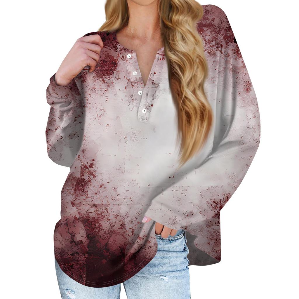 Dam Ny Knappkrage Mode Tryckt Långärmad T-shirt Slim Topp Casual Toppar