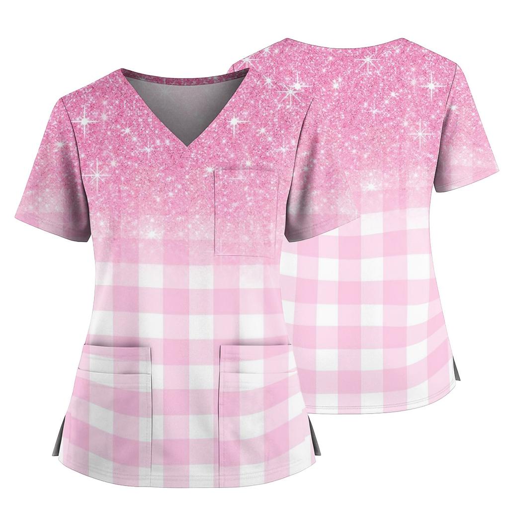 Women's Casual Printed V-Neck Pocket Side Slit Short Sleeved Top Short Sleeved Top