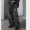 Unisex Washed Retro Lightning Embroidered Jeans - Loose Straight Hip Hop Style