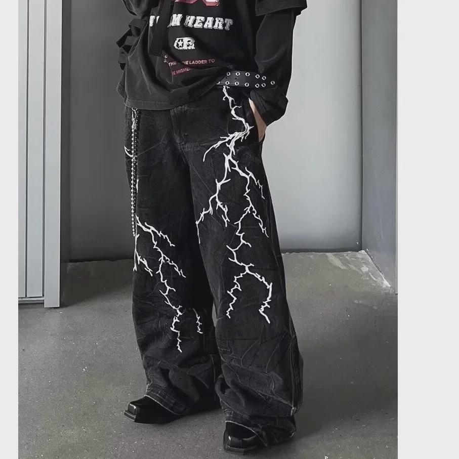 Unisex Washed Retro Lightning Embroidered Jeans - Loose Straight Hip Hop Style