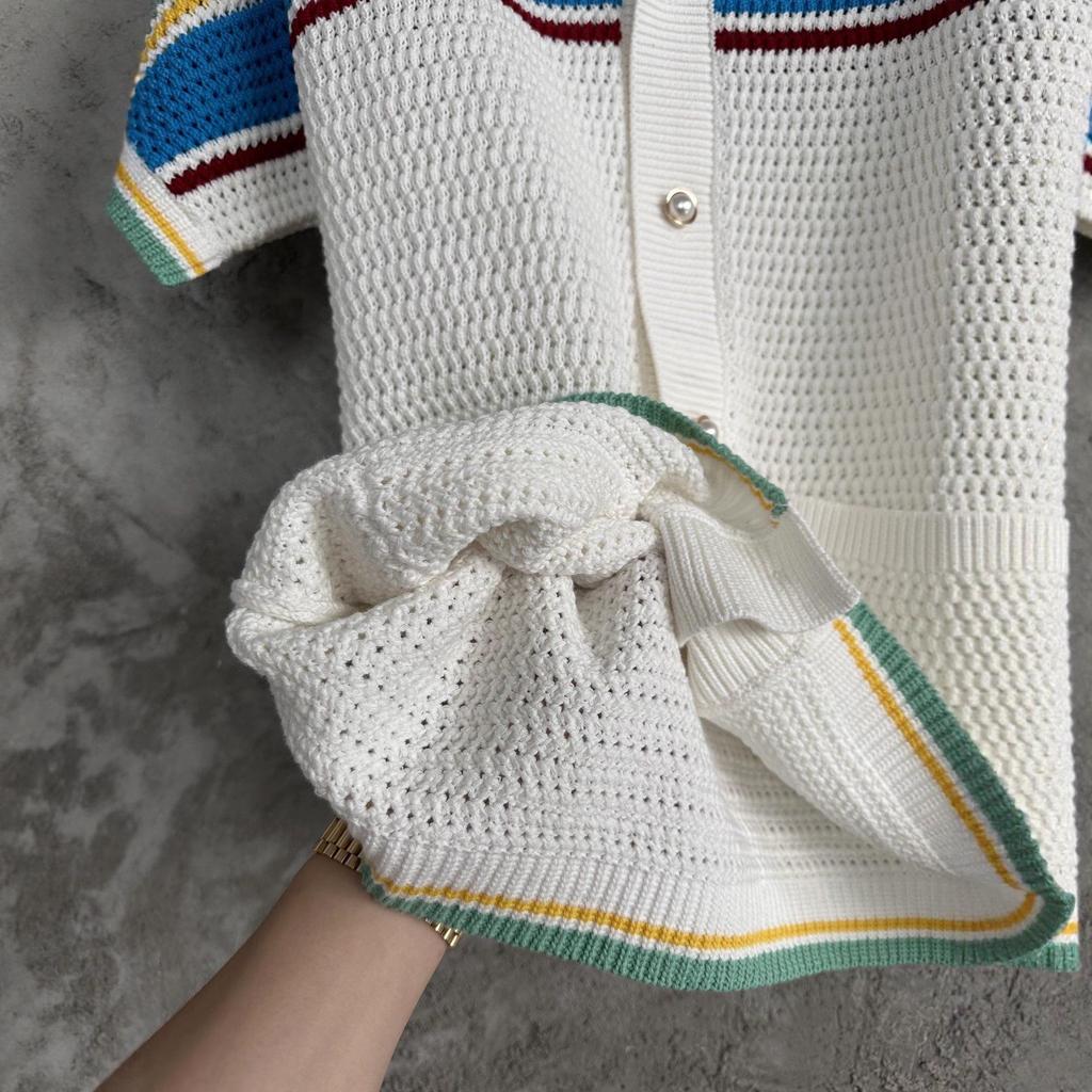 Auf Lager CASABLANCA Handgestrickter gestreifter Pullover-Cardigan aus reiner Baumwolle