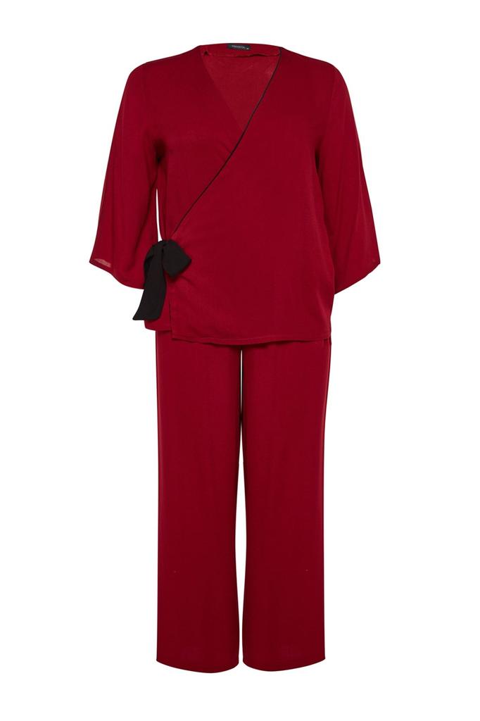 Women's Style Plus Size Claret Red Double Breasted Collar Tied Woven Pajama Set