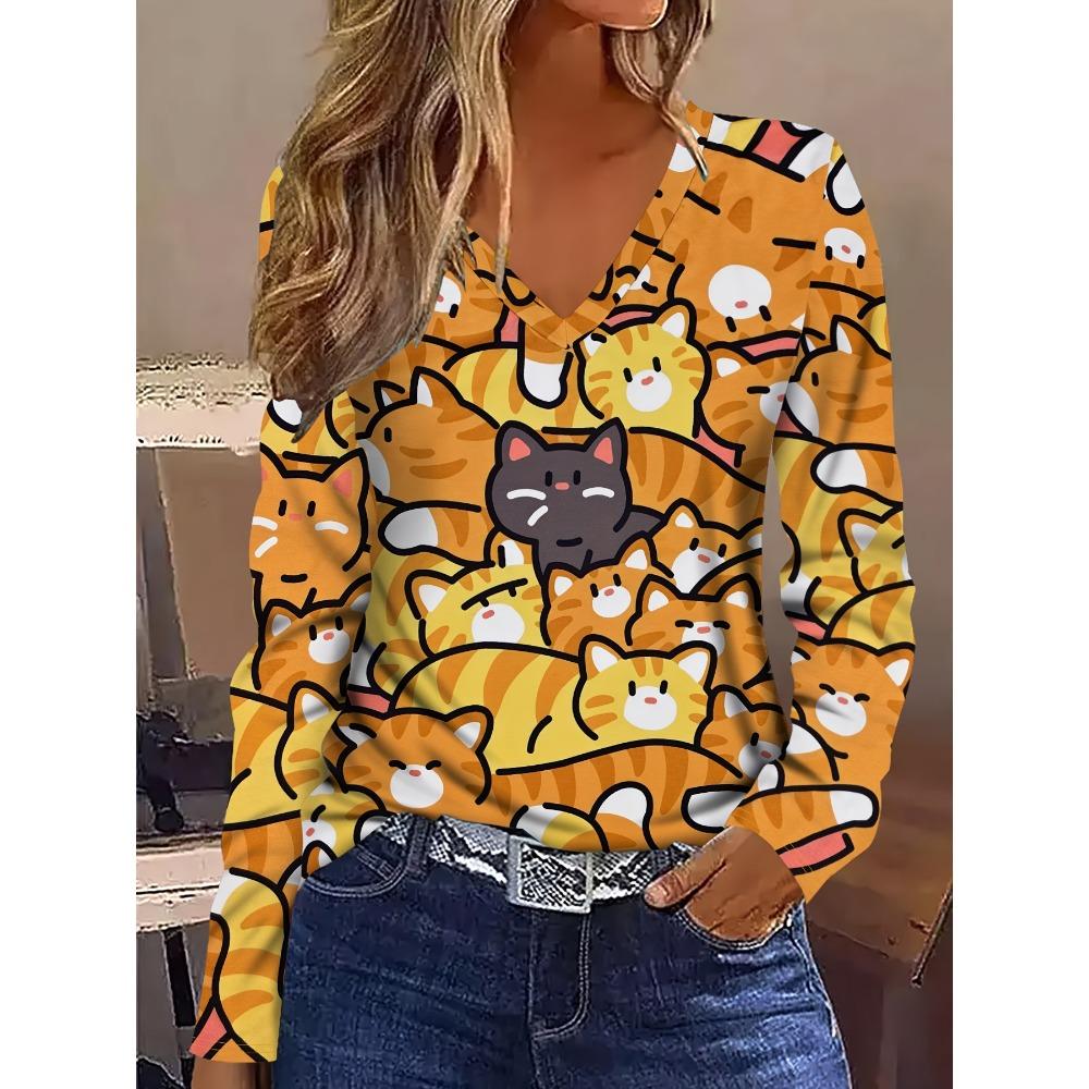 

Simple, fashionable and elegant cartoon animal cat with cute graphics and breathable V-neck long-sleeved T-shirt S