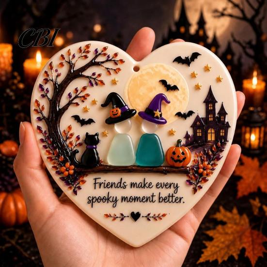 Lasting Friendship Souvenirs Heart-Shaped Sea Glass Art Ornament, 2D Flat Heart Year Round Inspired Ornaments Keepsake, Halloween Pumpkin Black