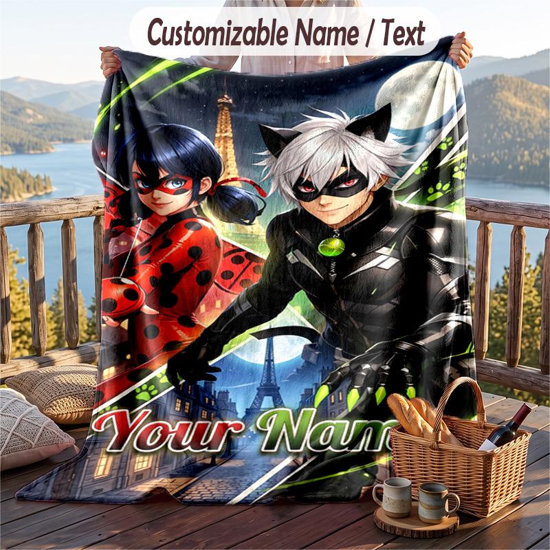 Miraculous Ladybug Flannel Blanket, Personalized Custom Name Text, Soft Warm Plush Throw Blanket For Gift
