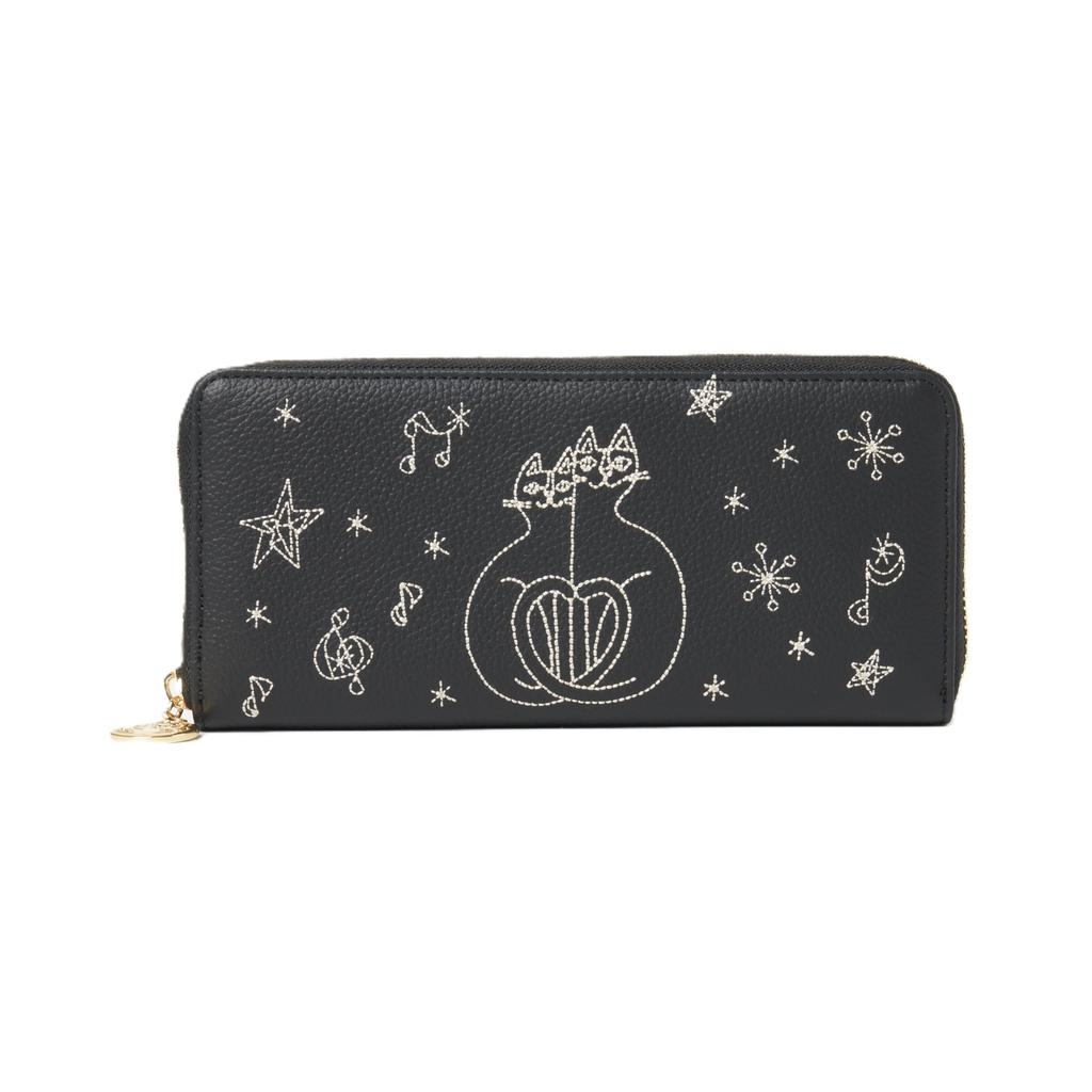 Tetsuro Okabe Long Wallet with Coin Compartment and Stitched Cat Design, Women's, Black, TES012