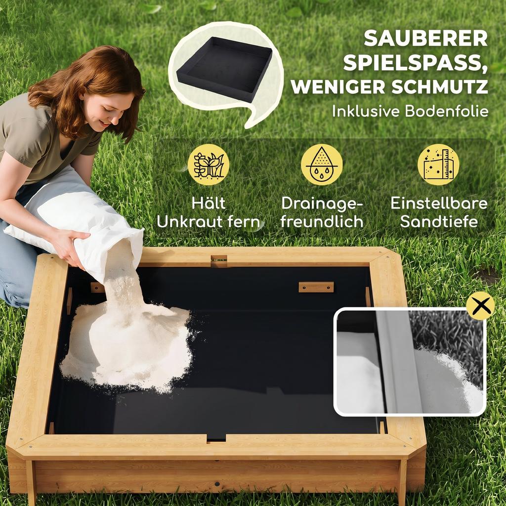 Kids Square Wooden Sandpit, Children Sandbox Outdoor Playset