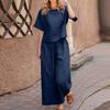 2026 New Loose Solid Color Short-sleeved Wide-leg Pants Set Women's Summer Casual Fashion Two-piece Set Cross-border Belly Cover