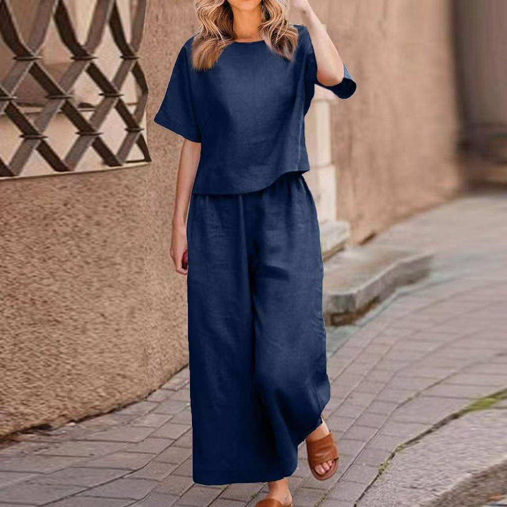 2026 New Loose Solid Color Short-sleeved Wide-leg Pants Set Women's Summer Casual Fashion Two-piece Set Cross-border Belly Cover
