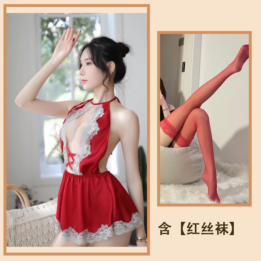 Sexy Lingerie Sexy Cute Girl Seduction Lace Neck Deep V Home Perspective Nightdress Set