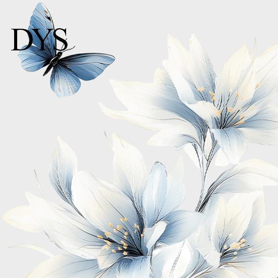 Peel And Stick Ink Wash Wall Decor Ink-Washed Blue Floral Stickers with Butterflies, Delicate Lily Decals for Living Room Bedroom Glass Windows,