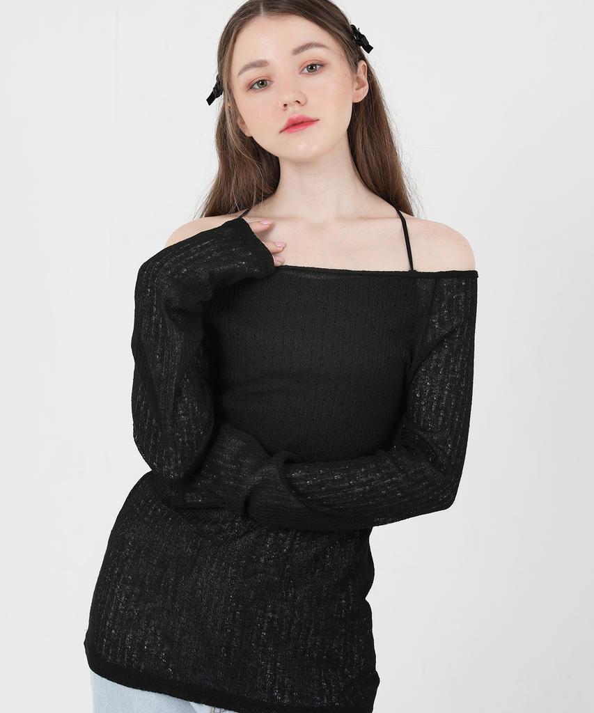CATTLINE See-Through Back Slit Long Sleeve Knit (Black)